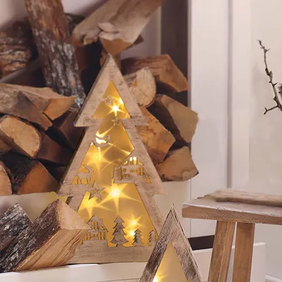 Produktbild von LED Holografie Holztannenbaum innen, 10 LED warmweiß, 38x25x7 cm, batteriebetrieben