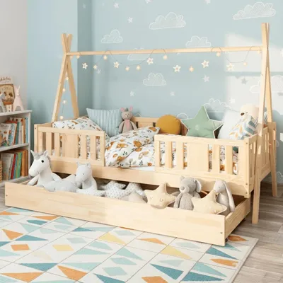 Produktbild von MEBLE WRÓBEL Kinderbett Tipi 90x180 cm – Hausbett aus Kiefer mit Schublade - Bett mit Rausfallschutz & Lattenrost - für Jungen und Mädchen - Unlackiert Spielbett für Kinder