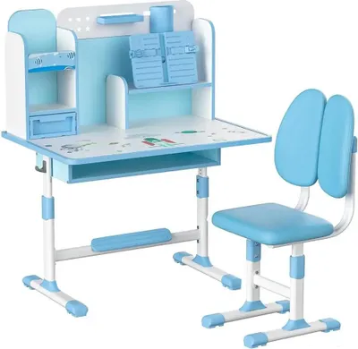 Immagine prodotto di Scrivania per bambini con sedia - Set di 2 pezzi - Regolabile in altezza - Ergonomica - Con leggio - Struttura in metallo - Senza rotelle - Blu