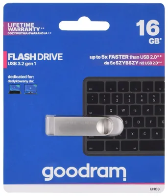 Zdjęcie produktu dla Goodram USB UNO3-0160S0R11, 16 GB, USB Typu-A, 3.2 Gen 1 (3.1 Gen 1), 60 MB/s, Bez zatyczki, Srebrny