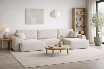 Productafbeelding van Kaiser Möbel: Hoekbank met slaapfunctie en opbergruimte, model U-vorm Ariel U XL, bekleding: chenille-stof Artico, kleur: Nata
