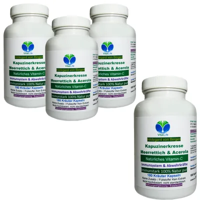 Produktbild von Immunstark 720 (4x180) Pulver Kapseln nach Hildegard von Bingen - Kapuzinerkresse + Meerrettich + Acerola Vitamin C. NATUR pur OHNE Zusatzstoffe.