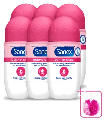Imagen del producto de 6 unidades de antitranspirante roll-on Sanex Dermo Care, 48 horas de protección, 50 ml cada uno. Pack ahorro