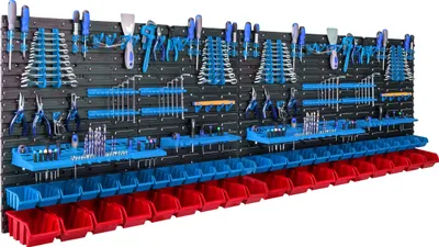 Obrázek produktu pro Nástěnný organizér na nářadí, 230 x 78 cm, 46 přihrádek, 2 police na nářadí 580 x 158 mm, 2 police na nářadí 384 x 111 mm, montážní šrouby pro snadnou instalaci
