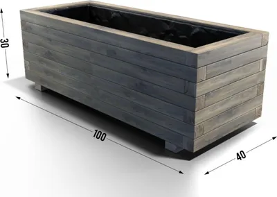 A rectangular wooden planter box with dimensions indicated. The planter is dark gray and has a black liner inside.