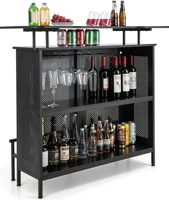 Zdjęcie produktu dla Stół barowy KOMFOTTEU z 2 przegrodami i podnóżkiem, stół jadalniany 120 x 50 x 106,5 cm, lada kuchenna z dużą przestrzenią do przechowywania i regulowanym podnóżkiem, lada barowa, czarny