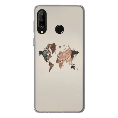 Produktbild von MuchoWow® Handyhülle Schutzhülle Hülle für Huawei P30 Lite Weltkarte - Holz - Braun Silikon Softcase Handy Hülle - Handyhülle