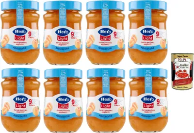 Produktbild von Hero Light Light Aprikose, Marmelade, 8 Gläser mit 280 g, Marmelade und zusätzlicher Marmelade, hochwertige Früchte, ohne Konservierungsstoffe und ohne Farbstoffe + Italian Gourmet polpa 400g