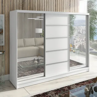 Produktbild von Schwebetürenschrank TOP, 3-türig Schrank 200 cm Kleiderschrank mit Schubladen, und Spiegel