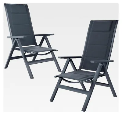 Produktbild von 2er Set Aluminium Gartenstuhl Hochlehner mit 5-fach verstellbarer Rückenlehne, atmungsaktive und wetterfeste Klappstühle, rutschfest für Terrasse und Garten, belastbar bis 150 kg, grau