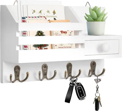 Image de Porte-clés en bois avec tablette et tiroir, 4 crochets doubles, blanc
