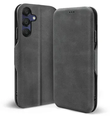 A grey flip case for a smartphone is shown from two angles against a white background.