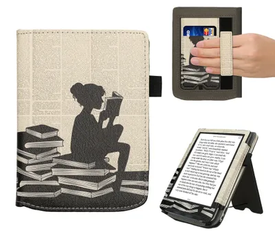 Produktbild von kwmobile Flip Cover kompatibel mit Pocketbook Verse / Verse Lite / Verse Pro / Color / Vivlio Light/Light HD - Hülle mit Handschlaufe Lesende Frau