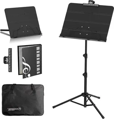 Produktbild von Famanu Musikstand 2-in-1 - tragbare Notenständer mit Tragetasche und Cliphalter (schwarz)