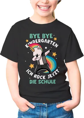 Produktbild von Kinder T-Shirt Jungen Einhorn Bye Bye Kindergarten ich rock jetzt die Schule Geschenk zur Einschulung Schulanfang Moonworks® schwarz 141-152 (11-12 Jahre)