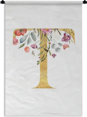 Produktbild von MuchoWow® Wandteppich Wandbehang Blumen - Gold - Brief 120x180 cm Tapisserie Dekoration Wandtuch - Schlafzimmer - Dekorationen für das Haus