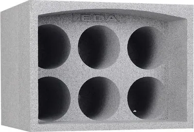 A gray polystyrene bottle rack with six circular openings.