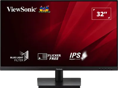 A ViewSonic monitor with marketing graphics and text.