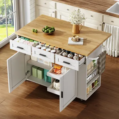 Produktbild von MODFU Kücheninsel mit klappbarer Arbeitsplatte,Mobile Küchenwagen mit 3 Schubladen,Schrankorganisatoren und Handtuchhalter,Servierwagen mit 360° Rollen,Weiß