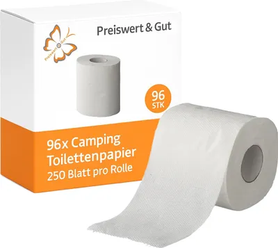 Produktbild von 96x Camping Klopapier je 250 Blatt selbst auflösend – 2-lagiges Toilettenpapier für Campingtoiletten Wohnmobil Camper