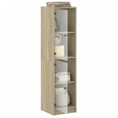 A tall, narrow highboard with glass doors and wooden shelves, displaying books and decorative items.