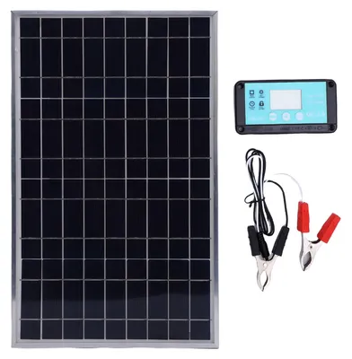 Obrázek produktu pro Sada solárního panelu a regulátoru, 100 W nabíječka s hliníkovým rámem a 12 V 10–50 A nabíječka pro obytný vůz, auto, loď