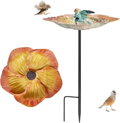 Productafbeelding van Vogelbad Tuin - Vogelvoederbak Buiten - Vogels Voeren - Met Bloemen Design - 48 cm Hoog - Kleurrijk