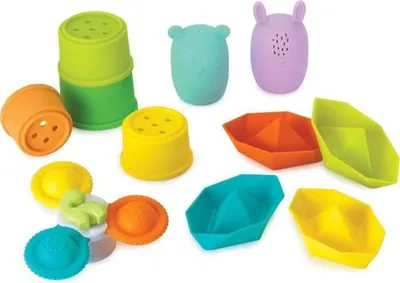 Obrázok produktu pre Sada kúpačiek, INFANTINO, 11-dielna, silikónová, obsahuje poháre, loďky, striekacie hračky a točivky