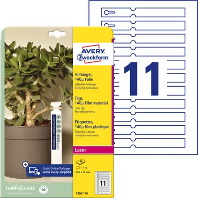 Produktbild von Avery Zweckform T3007-10 Schlaufen-Anhänger, 160 x 17 mm, beidseitig beschichtet, 110 Stück / 10 Bogen