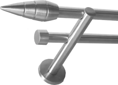 Produktbild von Gardinenstange Set Edelstahl Look Metall Ø 16mm zur Wandbefestigung 2-lauf Modern gerillte Spitze, Länge wählbar H22 E18 E16