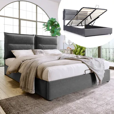 A bedroom scene with a bed and an inset image showing the bed's storage mechanism.