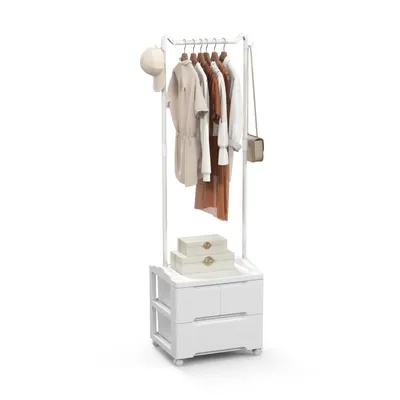 Produktbild von GOPLUS Kleiderständer mit Rollen, Garderobenständer mit Schubladen & 2 Haken, Garderobe mit Kleiderstange, Rollgarderobe Garderobenregal, Weiß