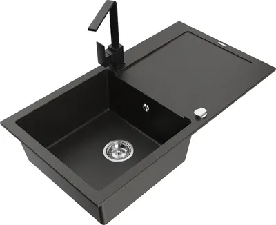 Produktbild von Mexen Leo 1 Becken-Granitspüle mit Abtropffläche und Mischbatterie Rita, Schwarz/Gold metallisch - 6501-75-670300-70