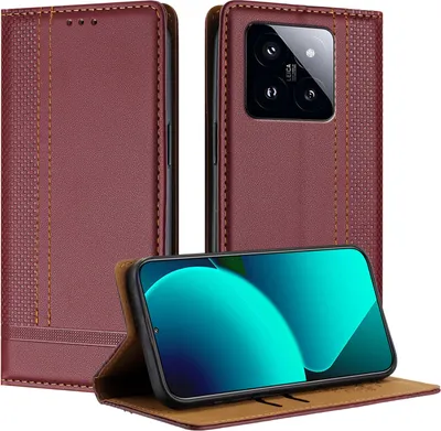 Produktbild von Handyhülle für Xiaomi 14 Pro Leder Flip Klappbare Schutzhülle mit Standfunktion Dunkelrot