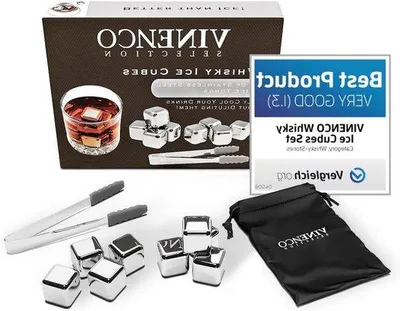 Image de Set de 8 pierres à whisky en acier inoxydable + sac de rangement & pince à glace | Pierres réfrigérantes réutilisables pour boissons froides et cocktails