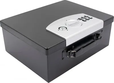 A black electronic safe with a digital keypad and a handle, shown from a diagonal angle on a white background.