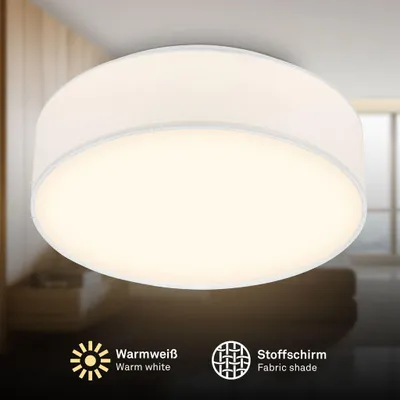 Immagine prodotto di Briloner Plafoniera LED con paralume in tessuto Ø30x10,5 cm rotonda 16W 1800lm 3000K bianco caldo bianco - Lampada da soffitto soggiorno camera da letto cucina corridoio