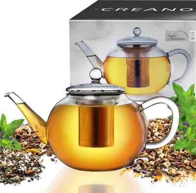 Produktbild von Creano Teekanne aus Glas 1,6l, 3-Teilige Glasteekanne mit Integriertem Edelstahl-Sieb und Glas-Deckel, Ideal zur Zubereitung von Losen Tees, tropffrei, All-in-One