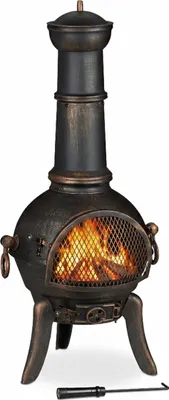 Produktbild von Relaxdays Terrassenofen, mit Funkenschutz, Schürhaken, Feuerrost, Zugluftklappe, Gartenkamin Gusseisen, Stahl, bronze