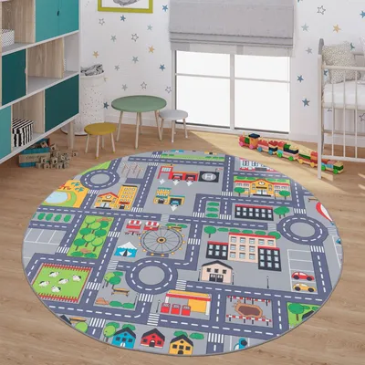 Produktbild von TT Home Spielteppich Kinderzimmer Teppich Kinderteppich Auto Straßen Muster, In Grau Größe 200 cm Rund