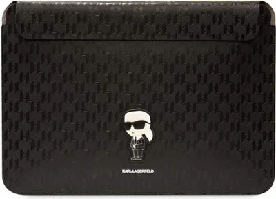 A black Karl Lagerfeld laptop sleeve with a repeating monogram pattern and a small cartoon figure of Karl Lagerfeld.