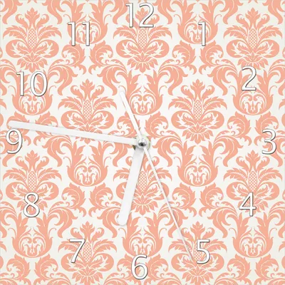 Produktbild von Wallario Design Wanduhr Königliche Schnörkelei in weiß und orange aus Echtglas, Größe 20 x 20 cm