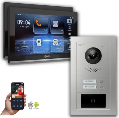 Produktbild von Goliath IP Video Türsprechanlage: 10-Zoll 2 Familienhaus, RFID, Silber : 10 Zoll Schwarz : 4er POE : Aufputz Dose Anschluss: 4er POE Monitor Farbe: 10 Zoll Schwarz Montage: Aufputz Dose