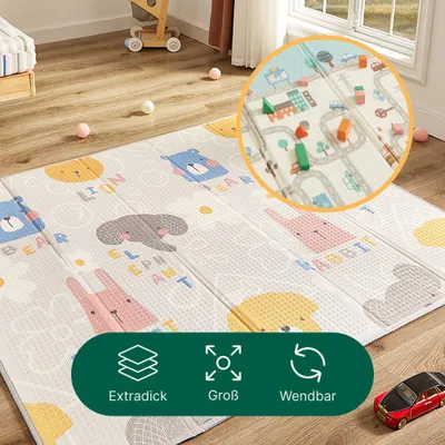 Produktbild von CASABEL Krabbelmatte Baby 180×150 cm, Faltbare, wasserdichte und Dicke Spielmatte mit Tiermotiven, weicher Spielteppich für Babys und Kinder, große Krabbeldecke zum bequemen Aufbewahren