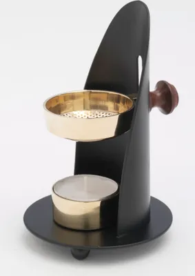 Produktbild von Räucherstövchen höhenverstellbar mit Holzgriff Höhe 12 cm mit 2. Sieb und Teelicht in Schwarz
