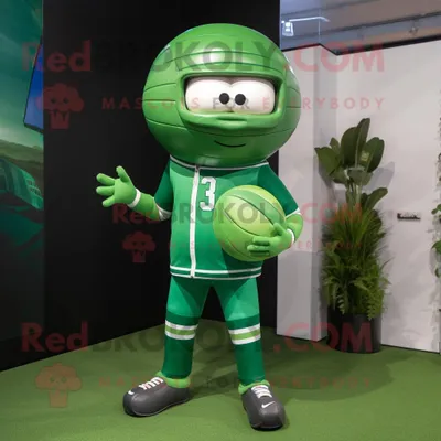 Produktbild von Maskottchen REDBROKOLY Kostümfigur mit grünem American-Football-Helm bekleidet mit Yogahosen und Mützen