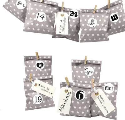 Produktbild von DIY Adventskalender zum Befüllen Bescherung, Papiertueten flach 13x16,5cm, taupe Stern, Ziffern schwarz-weiß