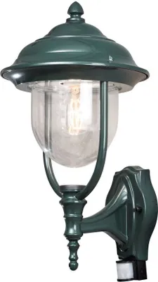 A dark green outdoor wall light with a clear glass globe and a motion sensor.