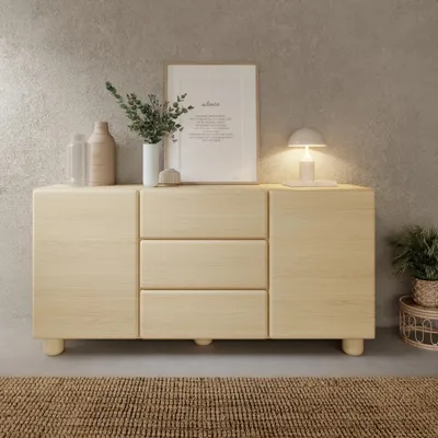 Produktbild von Sideboard Kommode CERVI 160 cm Eiche Vicenza 3 Schubladen 2 Türen Push-to-open Holzfüße