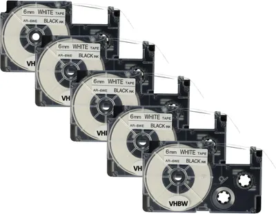 Produktbild von vhbw 5x Schriftband-Kassette kompatibel mit Casio KL-750E, KL-8100, KL-7400, KL-820, KL-780, KL-7200 Etiketten-Drucker 8m x 6mm Schwarz auf Weiß